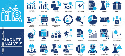 Market Analysis icon set collection. Containing invest, increase, review, share, profit, report, survey .Solid vector icons collection