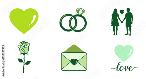Green heart rings couples rose and envelope illustrations for romance
