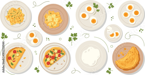 Variety of Cooked Egg Dishes on Plates Including Boiled Eggs Scrambled Eggs and Stuffed Omelets for Healthy Breakfast Menus and Food Graphic Designs