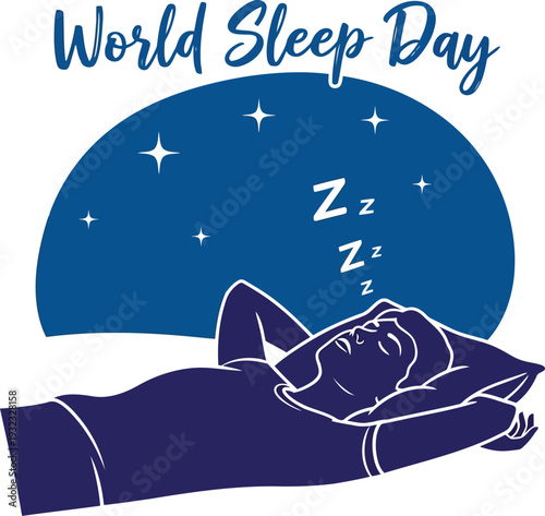 World Sleep Day illustration with relaxed man sleeping under night sky and stars for health awareness
