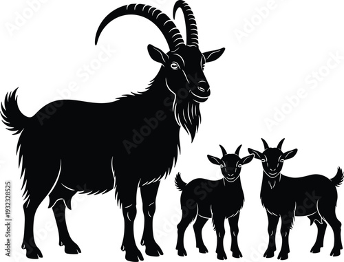 Black silhouette vector illustration of goat family with adult goat featuring curved horns and beard alongside two young kids, ideal for farm animal artwork and design
