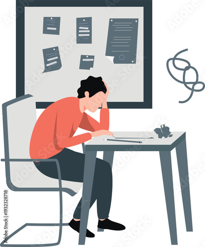 The boy having headache and worried about job.