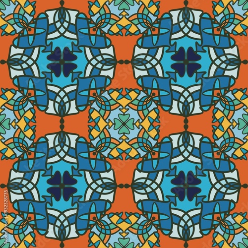 Seamless Retro Geometric Ornamental Pattern in Burnt Orange and Teal for Textile and Wallpaper Design