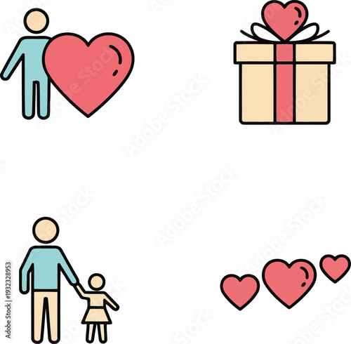 Father's Day vector icons set with heart, gift box, parent and child, love symbols, flat style
