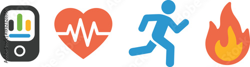 Fitness and health monitoring icons featuring heart rate, activity tracking, calorie burn, and wearable device metrics representing wellness lifestyle, exercise performance, and personal health data