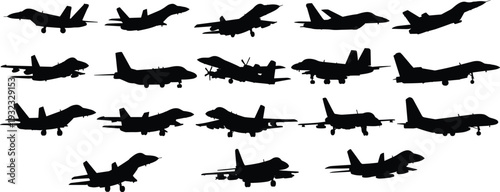 Collection of military fighter jet silhouettes isolated on white background, side view aircraft set featuring modern combat airplanes, aviation defense concept illustrationCollection  