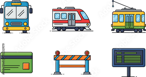 Public transportation icons set featuring bus, train, tram, ticket, barrier, and digital display representing urban mobility, transit systems, and modern city commuting infrastructure solutions