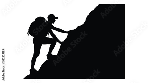 A person climbing a mountain with a backpack on isolated on white background, Vector