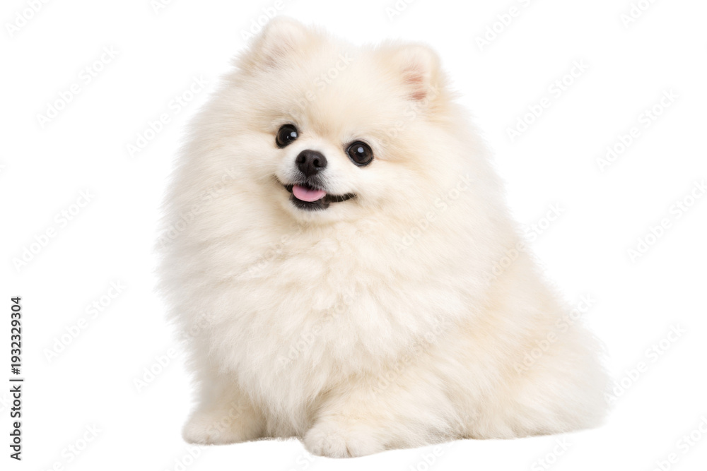 Obraz premium Fluffy White Pomeranian Puppy Sitting Isolated on White Background