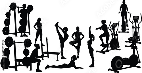 Black fitness silhouette set with people exercising in gym weightlifting doing yoga and using elliptical machines isolated on white background for workout and health