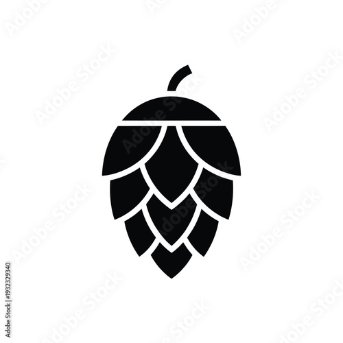 A simple black silhouette of a single hop cone against white