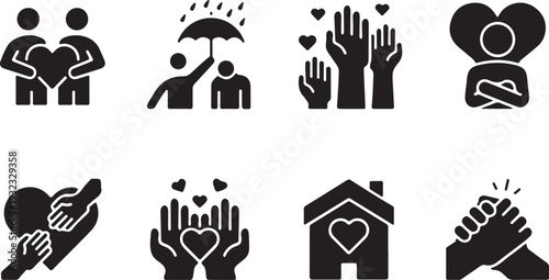 Charity and community support icons set, donation, helping hand, kindness, love, care, teamwork, humanity silhouette vector

