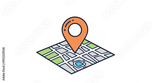 Colorful map illustration featuring a prominent orange location pin marker positioned over a detailed urban street grid design.