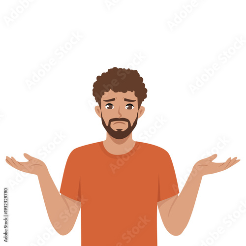 Confused Bearded Man Shrugging Shoulders. Flat Vector character illustration