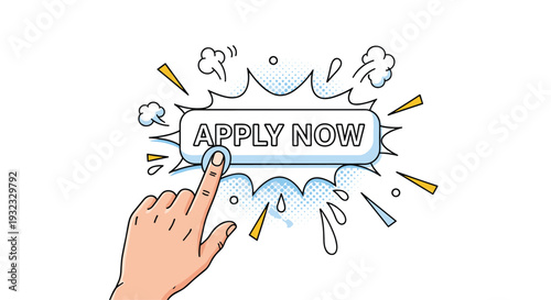 Comic book style illustration of a hand clicking an apply now button with dynamic action lines and colorful decorative bursts.