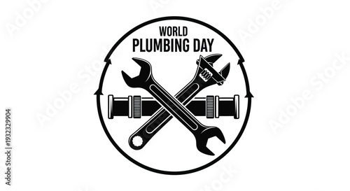 Commemorative vector graphic illustration celebrating world plumbing day featuring crossed wrenches and pipe sections inside a circular design element