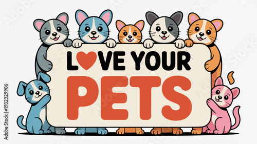 Colorful cartoon pets surround 'love your pets' sign promoting animal affection and care