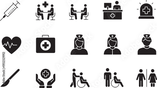 Healthcare and hospital icons set, medical staff, doctor, nurse, patient care, wheelchair, treatment, first aid silhouette vector

