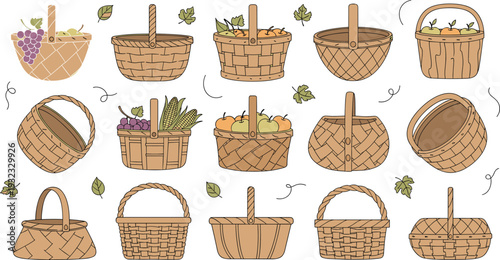 Flat Vector Design Collection of Wicker Baskets with Fresh Vegetables, Fruits, Bread, and Flowers for Organic Farm Market and Healthy Lifestyle Branding
