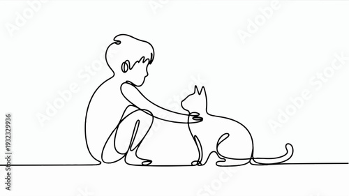 Child petting cat sitting together line art style simple illustration white background heartwarming moment animal lover pet care kids and pets