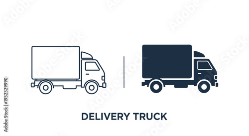 Pair of delivery truck icons shown in both a simple line drawing and a solid black silhouette version for logistics and shipping themes.