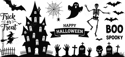 Halloween silhouette set, haunted house ghost skeleton bats vector illustration collection isolated on white background spooky design