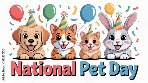 Happy national pet day celebration with cute dog cat kitten and rabbit wearing party hats