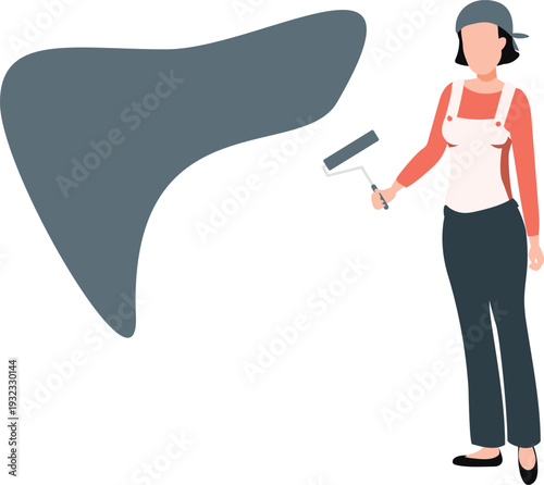 The girl is painting with pain roller