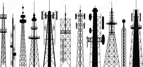 Telecommunication tower silhouettes collection set, radio antenna icons, wireless signal transmission station, network mast infrastructure elements