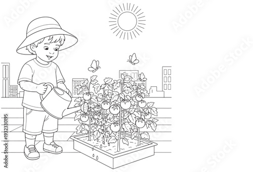 Gardening Coloring Page with Boy Watering Tomato Plant
