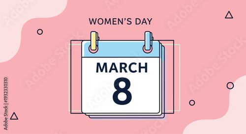 Desktop calendar icon showing the date of March eighth to commemorate international womens day on a decorative pink background.