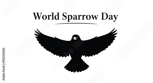 Minimalist black and white vector graphic illustration celebrating the annual observance of world sparrow day with a bold bird silhouette