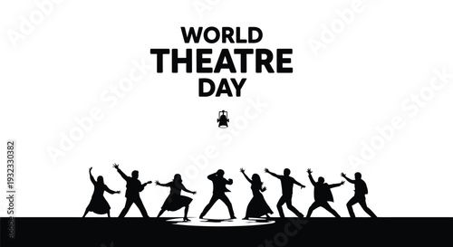 A vibrant vector illustration celebrating World Theatre Day, showcasing diverse performer silhouettes in dynamic poses on a stage, under a spotlight graphic, representing art and drama.