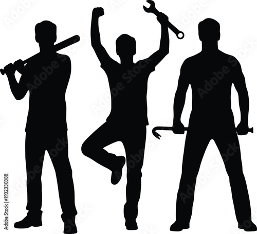 Black Silhouette Set of Three Men Holding Baseball Bat Wrench and Crowbar Isolated on White Background for Aggression Protest Crime and Blue Collar Labor Concepts