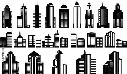 City skyline building silhouettes set, modern skyscraper office tower urban architecture vector illustration collection isolated on white
