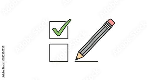 Pencil checking a box on a list with a green checkmark to represent task completion, voting, or survey response selection.