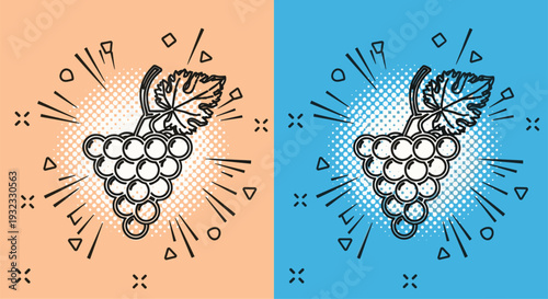 Two variations of a grape bunch icon with a leaf shown on orange and blue backgrounds with decorative line art comic style elements.