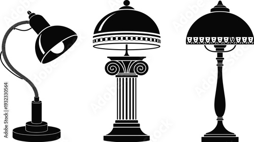 Vintage desk and table lamp silhouettes vector set, classic decorative lighting fixtures isolated for interior design and home decor