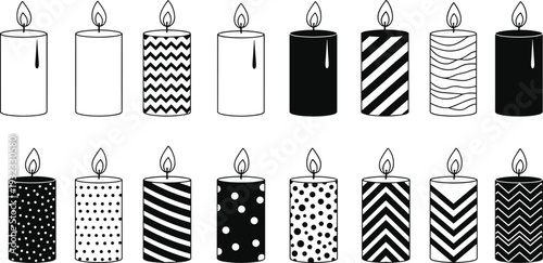 Decorative candle collection set, black and white patterned pillar candles with flame isolated vector illustration bundle