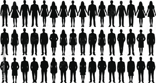 Black Silhouette Set of Diverse Business People and Casual Groups Standing in Rows and Holding Hands Isolated on White Background for Community Unity Teamwork