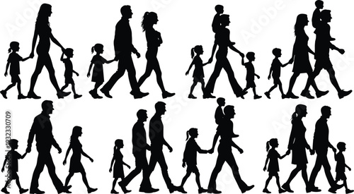Black Silhouette Set of Diverse Families Parents and Children Walking Together Isolated on White Background for Parenting Childhood Lifestyle Growth and Outdoor Activity Concepts