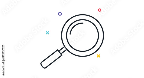 Simple magnifying glass search icon with colorful decorative symbols around it representing research, discovery, and finding information.