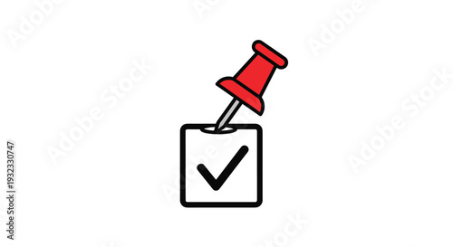 Red push pin being used to mark a checkbox containing a black checkmark symbol to represent prioritized tasks or pinned items.