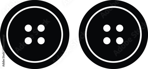 Two sewing buttons silhouette, round four hole clothing fastener icons, black isolated vector illustration on white background
