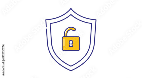 Security shield icon featuring an open yellow padlock to represent potential vulnerabilities or the process of unlocking data access.