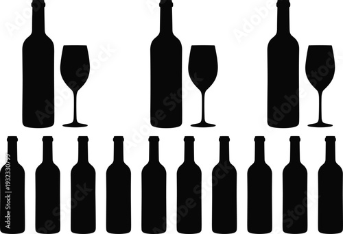 Black Wine Bottle Silhouette Set and Wine Glass Collection of Alcoholic Beverage Icons Isolated on White Background for Bar Menu Vineyard and Winery Design