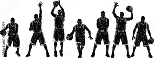 Set of black basketball player silhouettes in various action poses including dribbling, shooting, and defending isolated on white background for sports and competition vector design.