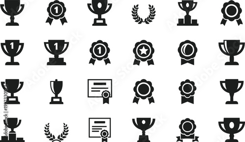 trophy icon set, award badge collection, winner cup symbol, championship trophy icon, gold medal badge, 