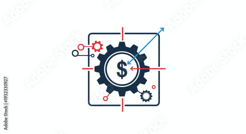 Strategic financial gear mechanism showing a dollar sign targeted by blue and red arrows for business analysis.
