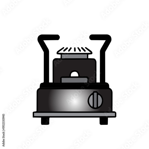 a grayscale portable gas burner with metal pot supports and a control knob. This clean icon represents outdoor cooking, hiking utilities, and survival gear in travel branding.
